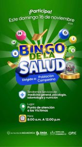 Tarjeta de invitaciòn sobre el bingo de la saluud para el dìa 16 de noviembre de 2025 a las 8 a.m en el punto de Vìctimas. Va dirigido a la poblaciòn Campesina.