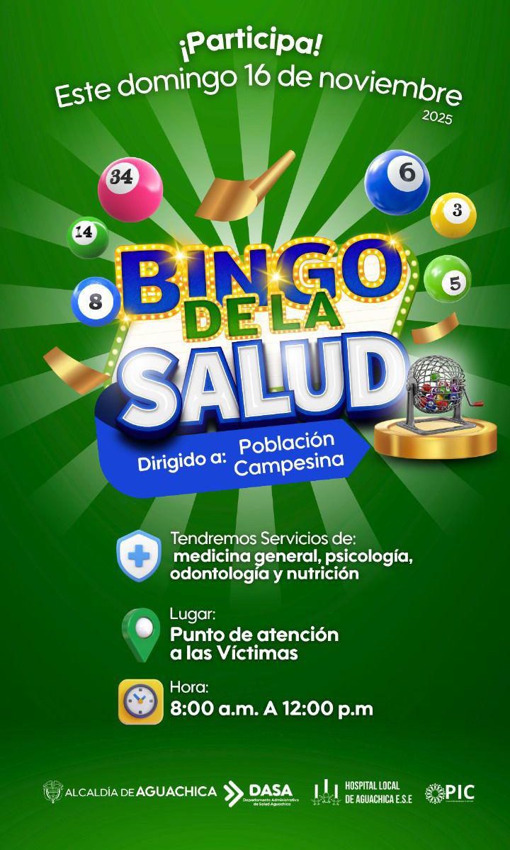 Tarjeta de invitaciòn sobre el bingo de la saluud para el dìa 16 de noviembre de 2025 a las 8 a.m en el punto de Vìctimas. Va dirigido a la poblaciòn Campesina.